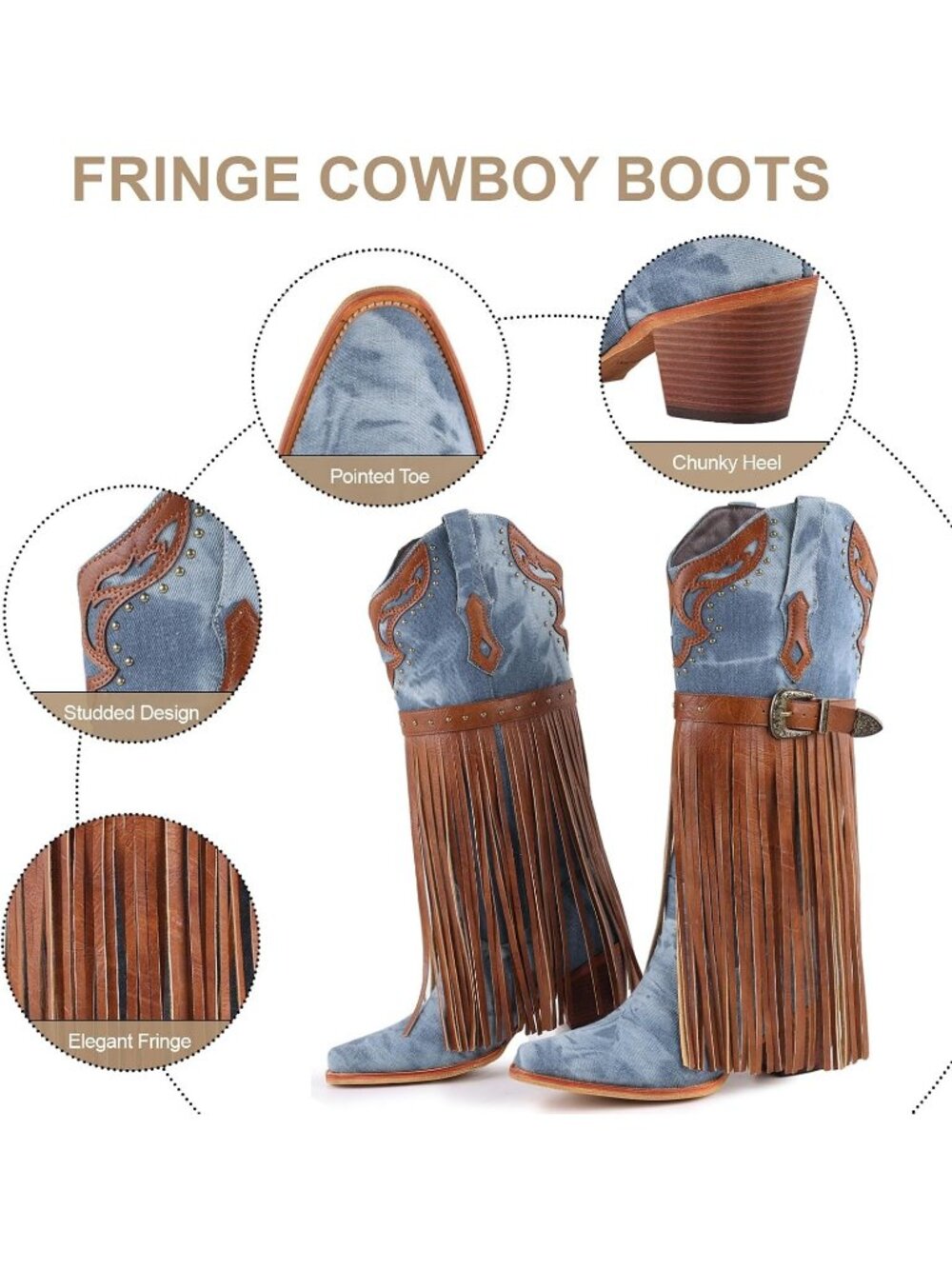 Women's Blue Faux Leather Fringe Western Cowgirl Boots Pointed Toe Chunky Heel - Picture 4 of 7